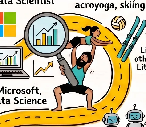 Zoomed in on an early draft: a cartoon of me lifts a friend overhead in acroyoga while also holding a giant magnifying glass, which takes three arms.